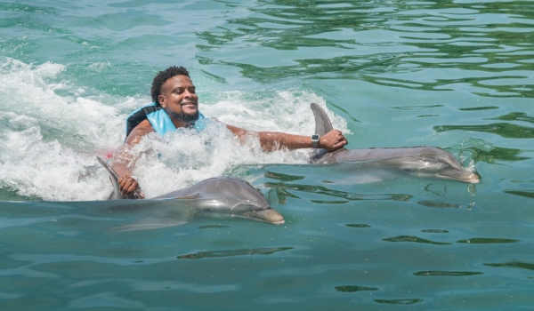 man swimming with dolphins in Jamaica
